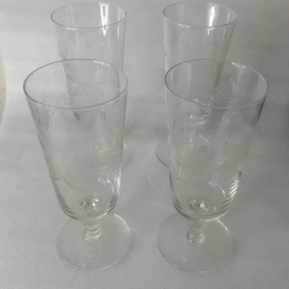 Glastonbury Lotus Toasting Drinking Bar4 Oz Set 4 Floral Etching Glass 5 1/2 In